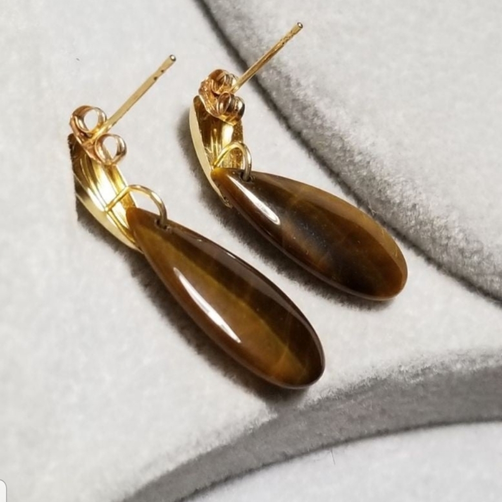 Ross Simons 14k yellow gold Tiger eye Dangle earrings 14kt 585 - Picture 4 of 8